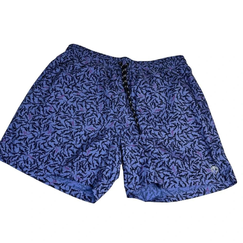 Greyson Mens Shark Print Swim Trunks Purple Blue Mesh Lined Board Shorts Size L